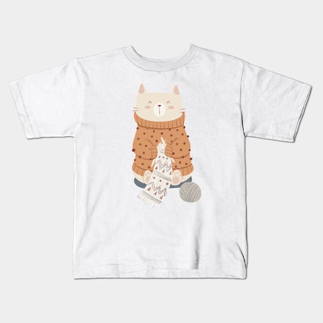 Cat knitting Kids T-Shirt by Akikodraws